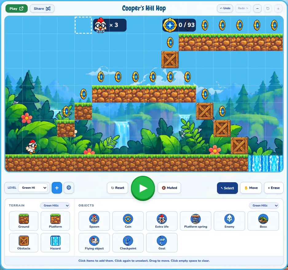 The Splat Lab builder preview for Cooper's Hill Hop, with map tools, terrain, and objects.