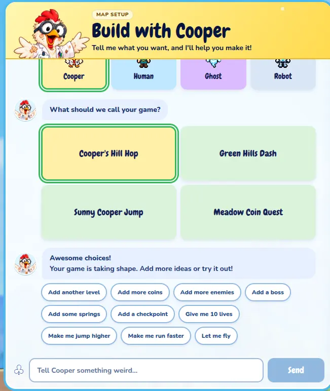 The Build with Cooper chat, showing character choices, game-name buttons, and idea chips.