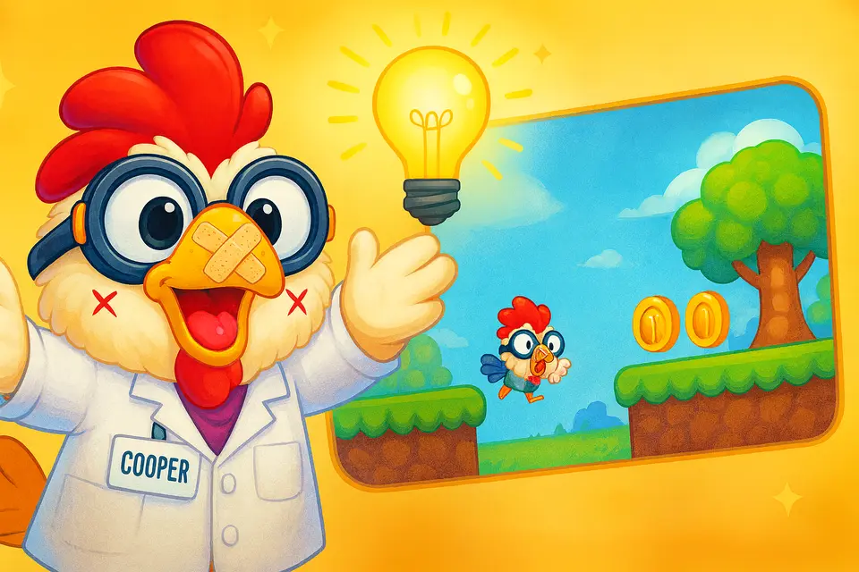 Cooper holding up a glowing lightbulb beside a colorful platformer level