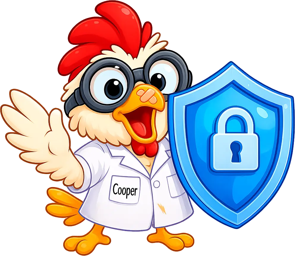 Cooper waving beside a blue shield with a padlock