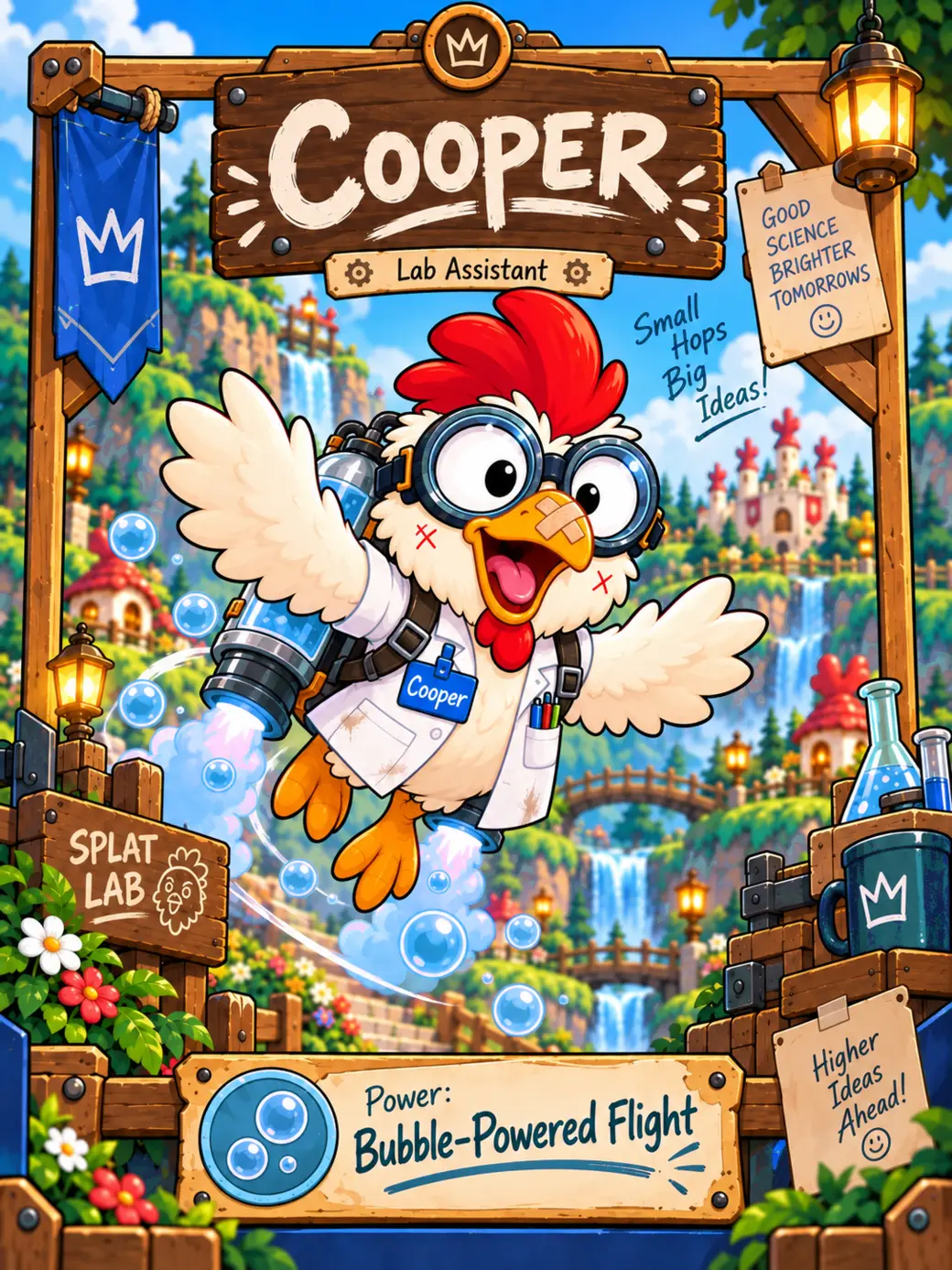 Cooper flying with a bubbling blue backpack in a wooden lab frame labeled Bubble-Powered Flight, over Green Hills cottages and waterfalls.