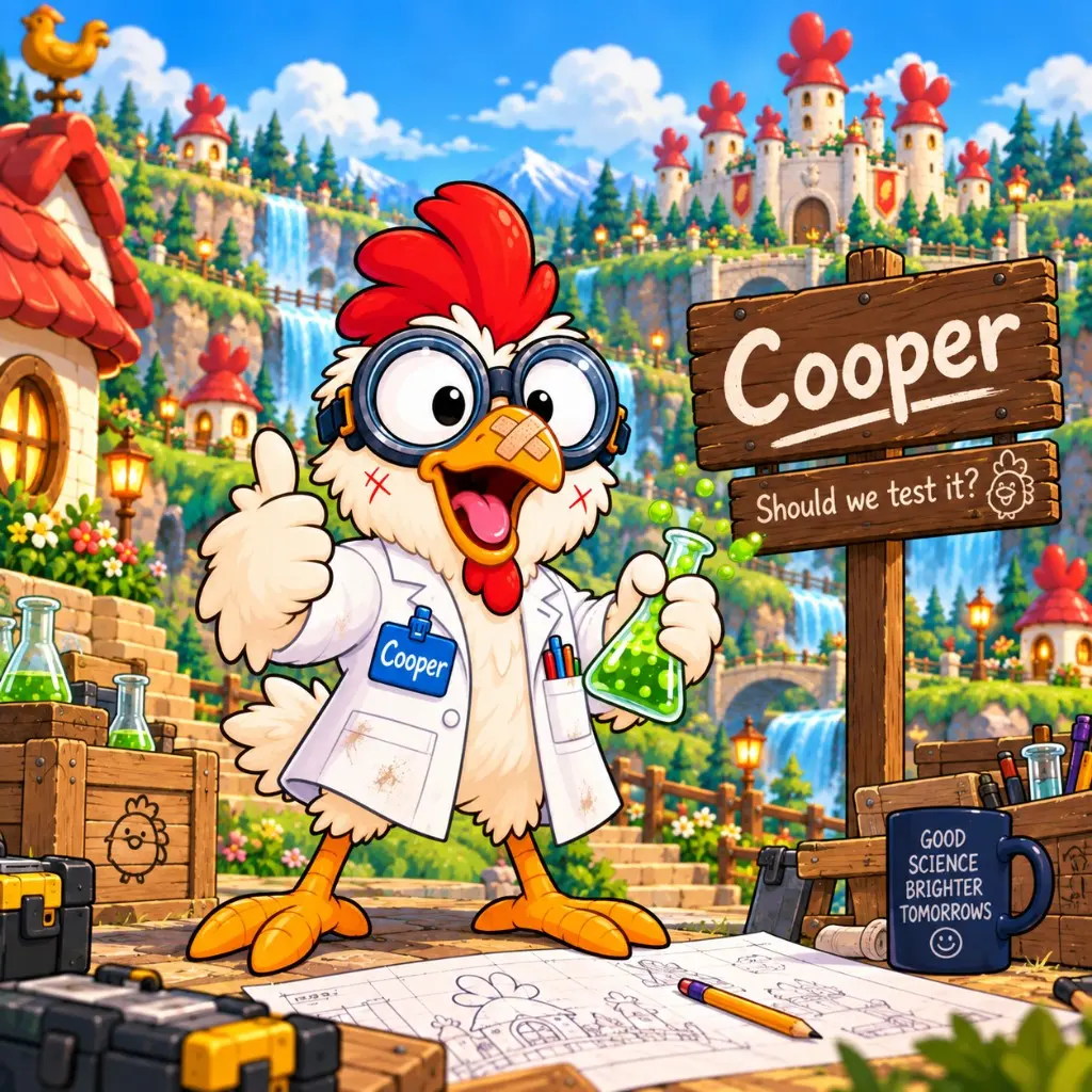 Cooper in a sunny hillside lab, giving a thumbs-up while holding a bubbling green flask beside blueprints, a wooden Cooper sign, and a plank that says Should we test it?
