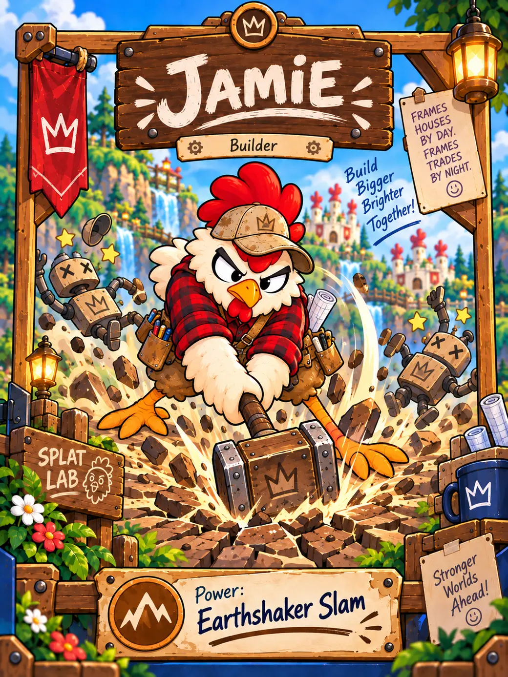 Jamie slamming his hammer into the ground in a wooden frame labeled Earthshaker Slam, with dirt and spare parts flying.