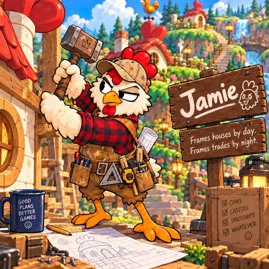 Jamie the carpenter chicken on a sunny construction frame, swinging a hammer beside blueprints, a tool belt, and a wooden Jamie sign that says Frames houses by day. Frames trades by night.