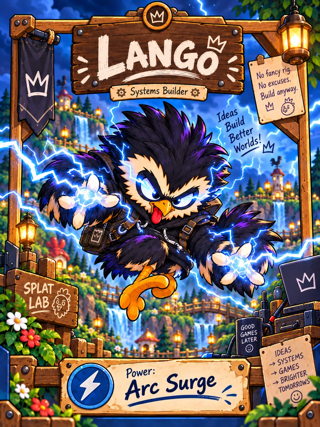 Lango firing lightning from his glowing eyes in a wooden frame labeled Arc Surge.
