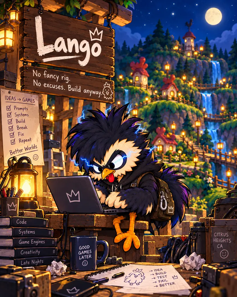 Lango coding on a beat-up laptop at a moonlit terraced village workbench, electric sparks in his crest, beside a wooden Lango sign and waterfalls.