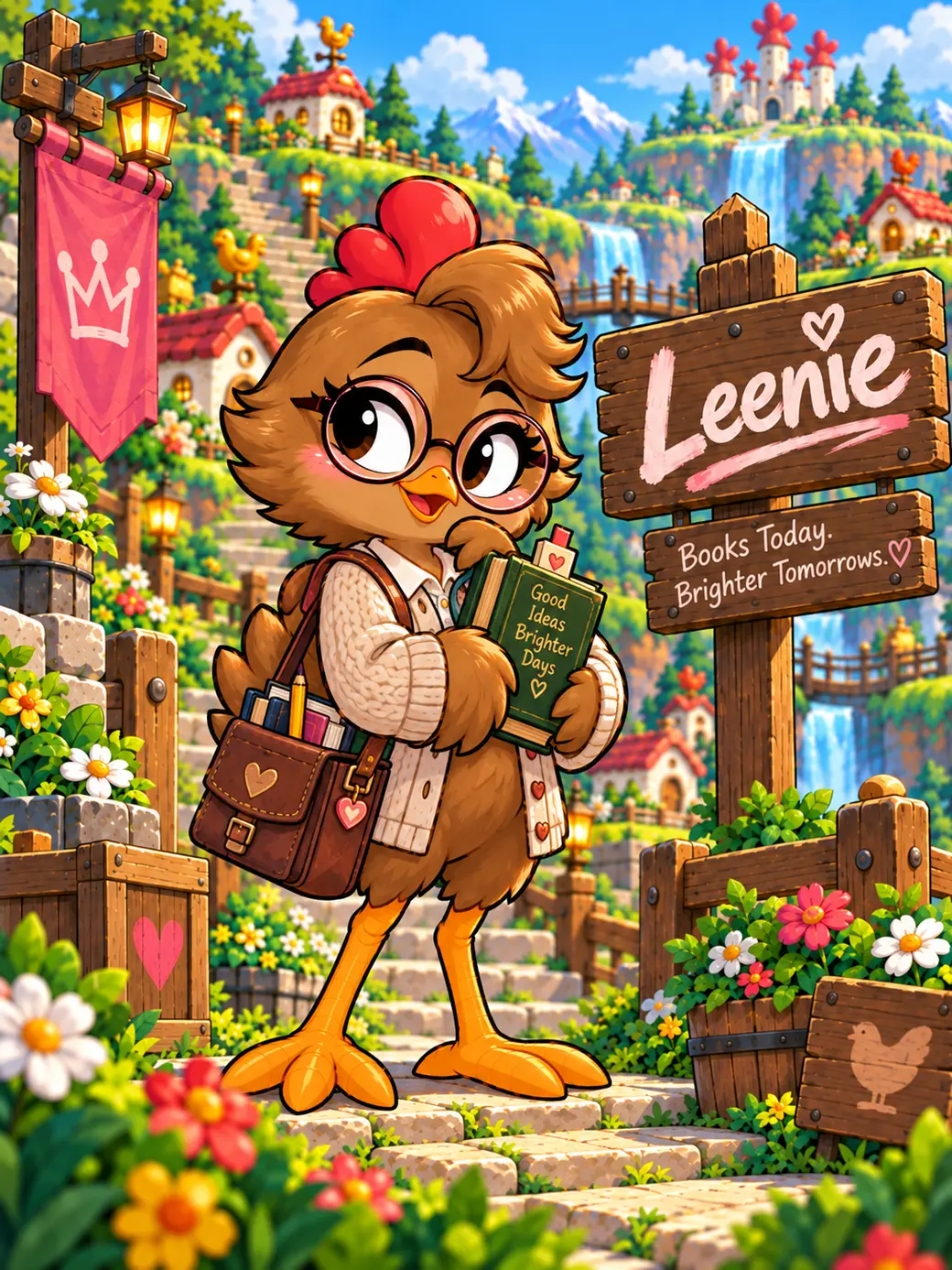 Leenie, a brown-feathered hen with glasses, a cream sweater, and a satchel, holding a green book on a castle path beside a wooden Leenie sign.