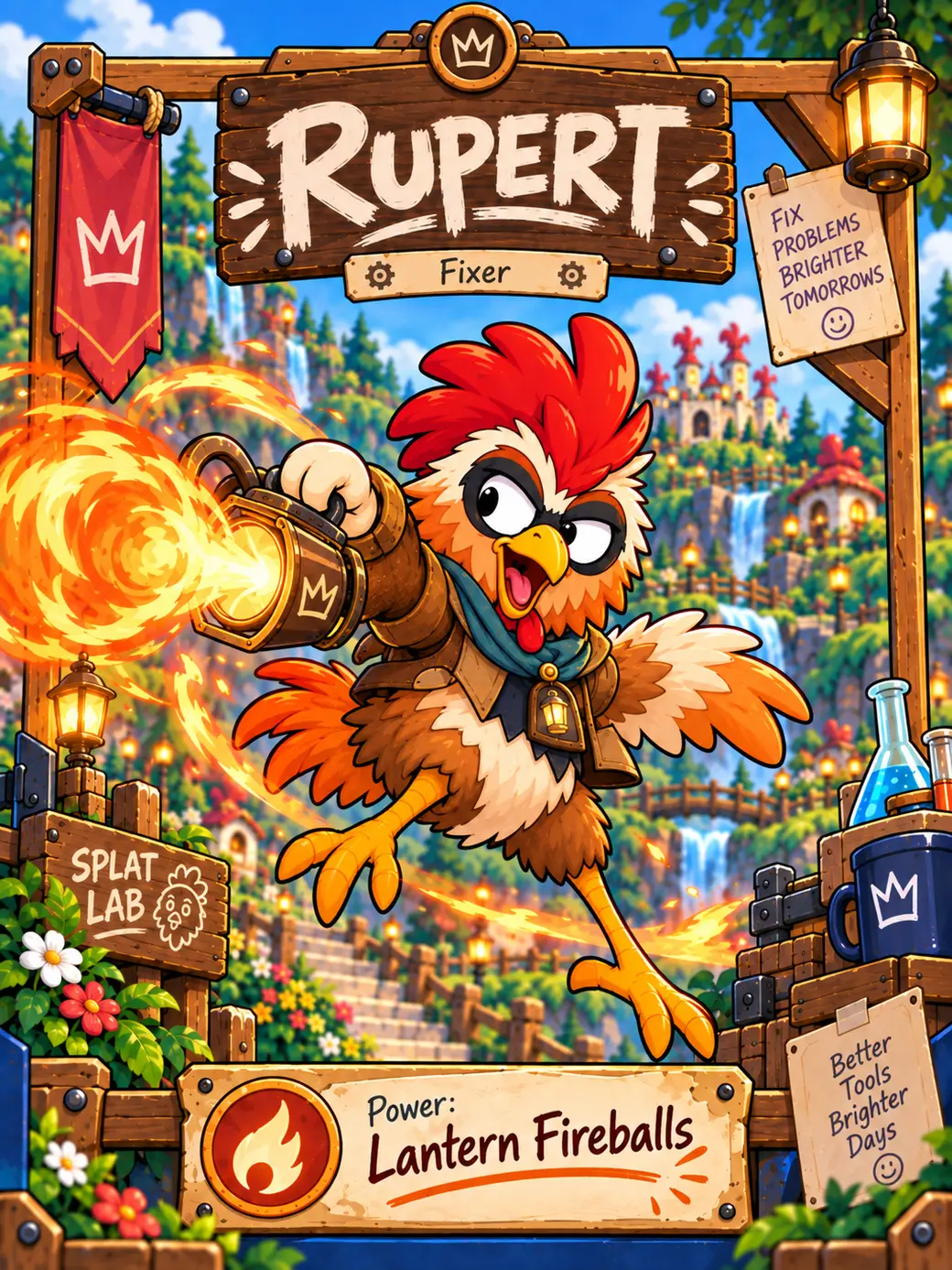 Rupert launching a fireball from his lantern in a wooden frame labeled Lantern Fireballs.