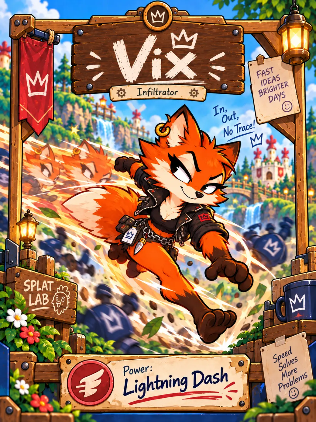 Vix dashing so fast she leaves orange afterimages in a wooden frame labeled Lightning Dash.