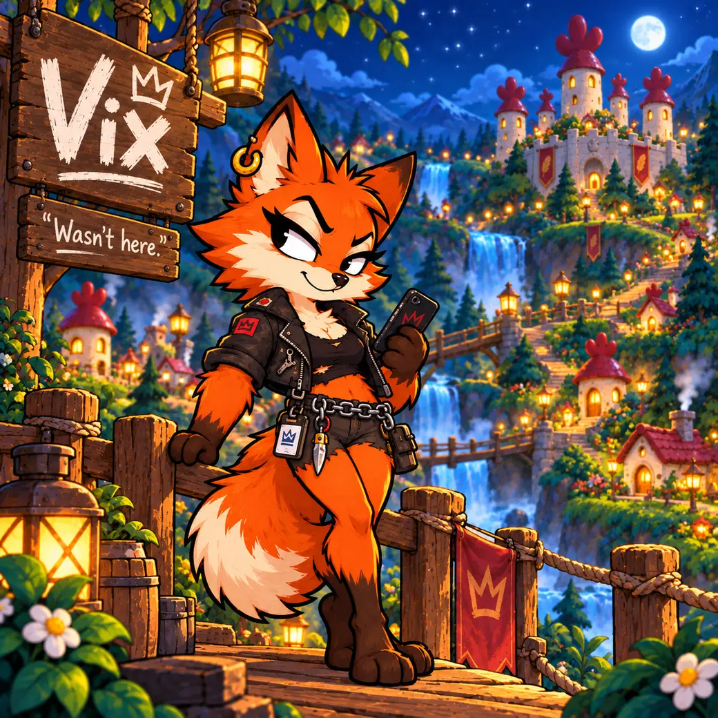 Vix the fox on a moonlit terraced village balcony, holding a smartphone beside crown banners, lantern-lit paths, and a wooden Vix sign that says Wasn't here.